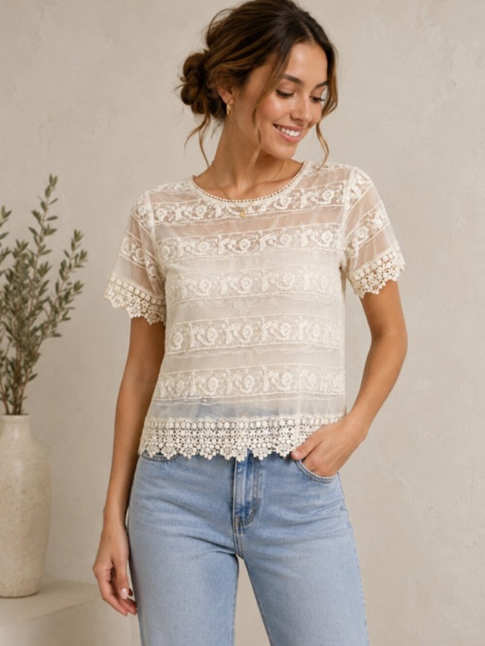 Zara Basics women's XS crochet lace sheer topper blouse button down back EUC